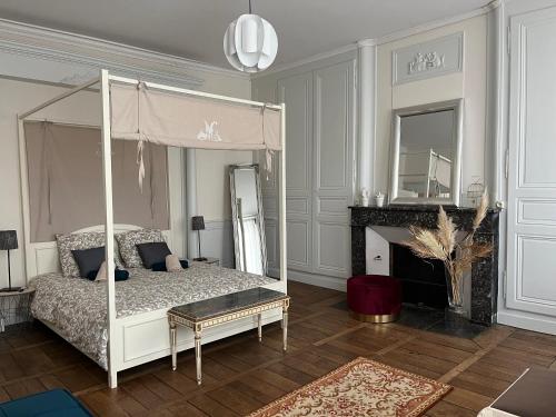 sypialnia z łóżkiem z baldachimem i kominkiem w obiekcie La Villa Louana 1 Appartement 160m2 sobriété,élégance en cœur de ville w mieście Aubusson