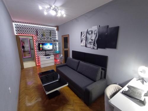 TV a/nebo společenská místnost v ubytování APARTAMENT VENGE -CAŁE MIESZKANIE 46m2 NA WYŁĄCZNOŚĆ - Z JEDNĄ SYPIALNIĄ I JEDNYM SYPIALNO-SALONEM -3 PIĘTRO BEZ WINDY- REZERWACJA BEZ KARTY KREDYTOWEJ-KLIMATYZACJA-NETFLIX-2 ŁÓŻECZKA DZIECIĘCE- BEZPŁATNY PARKING PUBLICZNY