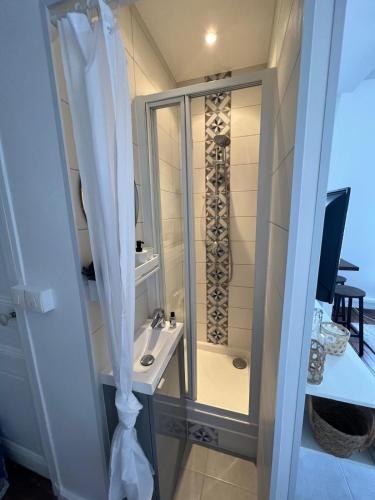 une salle de bain avec douche et lavabo dans l'établissement Studio proche Paris - Saint Ouen - 2 PAX, à Saint-Ouen