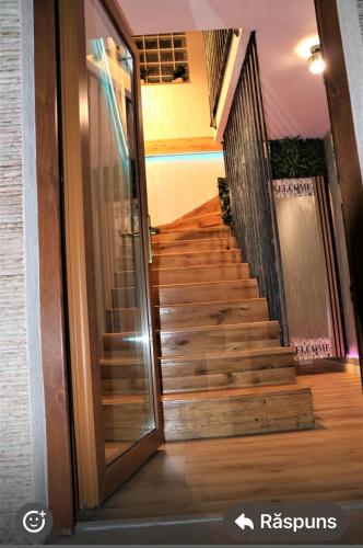 a stairway with a glass door in a house at Muz in Filiaşi