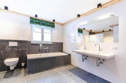 a bathroom with a sink and a toilet and a tub at Casa de Wisa in Gaschurn