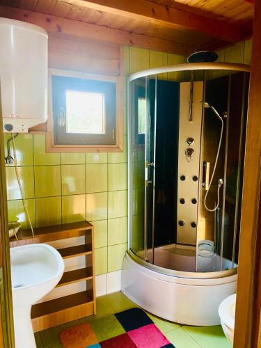 a bathroom with a shower and a sink at Dom letniskowy ANTOLEK in Ryn