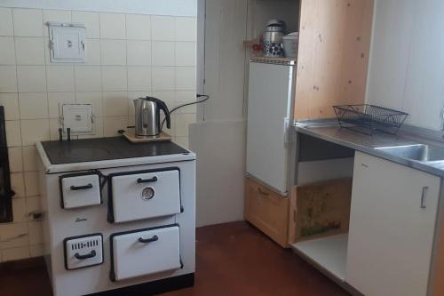 a small kitchen with a stove and a sink at Absolut ruhige Aussichtslage in uraltem Holzhaus in Braunwald