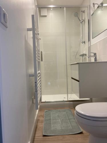 une salle de bain avec douche et toilettes dans l'établissement Studio La Baule vue port du Pouliguen, à La Baule