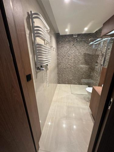 a bathroom with a shower and a toilet at Apartament Paula in Władysławowo