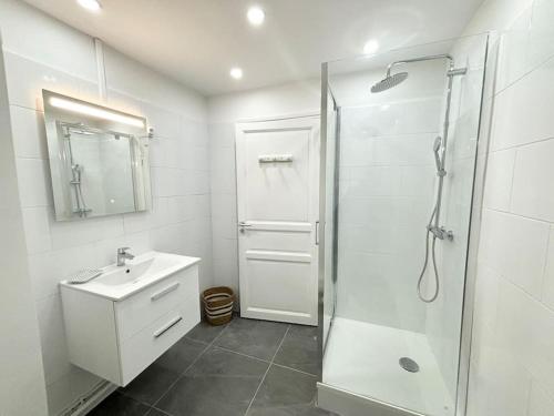 a white bathroom with a shower and a sink at Appartement Grand Place de Lille - 2 voyageurs in Lille
