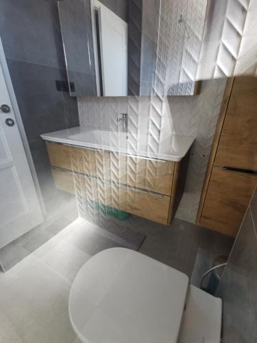 a bathroom with a white toilet and a sink at Apartments 110 in Budva in Budva
