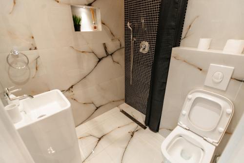 a white bathroom with a sink and a toilet at Hotel Casa Blanca in Tulgheş