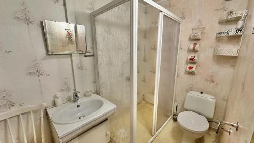 a bathroom with a shower and a sink and a toilet at Eggum Panorama in Eggum