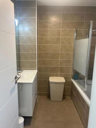 une salle de bain avec un lavabo, des toilettes et un miroir dans l'établissement villa 2 au Clos d Alice, à Sainte-Maxime