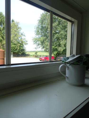 a window with a view of a red car outside at B&B Aan de Vaart in Bovensmilde