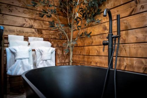 a black bath tub in a room with a tree at Grand View in Rocky Grove