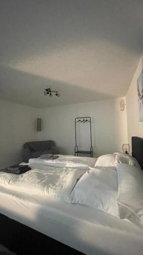a large white bed in a room at OASE im grünen Hinterhof, EG, Ruhe, Terrasse, Carport, free PayTV, Kaffee&Tee, Fahrräder in Duisburg