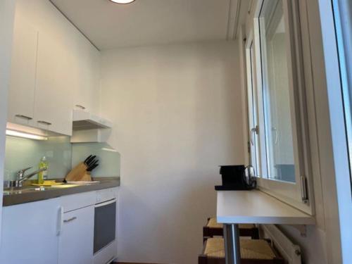eine Küche mit Theke und Spüle und einem Fenster in der Unterkunft Bright and practical Studio - Art 16 in Zürich