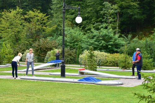 a group of people playing in a park with surfboards at Hotel Erdeli by Derenivska Kupil in Nyzhne Solotvyno