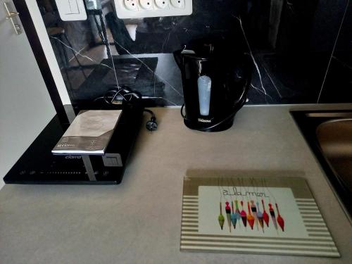 a counter with a coffee maker and a laptop on it at L'appart des mésanges in LʼHerbergement