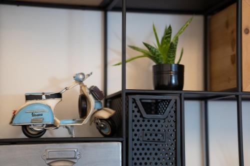 a scooter sitting on a shelf with a potted plant at Apartmány Revenite in Jeseník