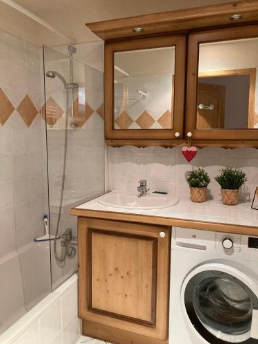 une salle de bain avec une machine à laver et un lavabo dans l'établissement Cohennoz Le Cernix - Appartement montagne avec piscine proche pistes, à Cohennoz