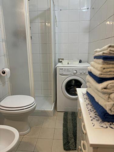 a bathroom with a toilet and a washing machine at Casa Vacanze Primavera in Maratea