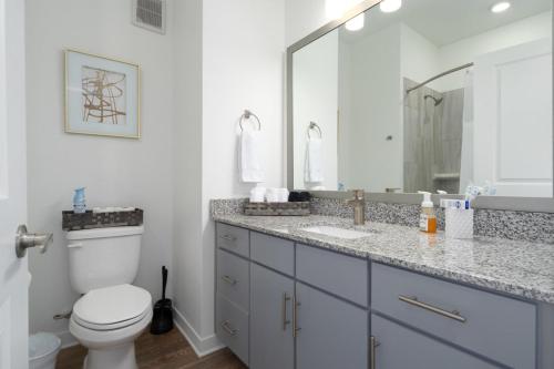 a bathroom with a toilet and a sink and a mirror at Luxury 2BR 2 bath Townhouse w Garage Near Oak Mt in Pelham