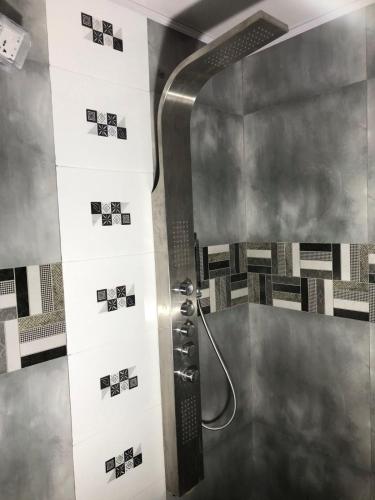 a shower in a bathroom with black and white tiles at Rooftop Rooms in Male City