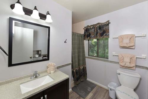 a bathroom with a sink and a toilet and a mirror at Bearly Ober By Colonial Properties in Gatlinburg