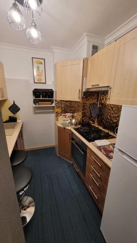 Una cocina con gabinetes de madera y un horno de estufa. en Apartament 22 Stycznia 3, en Przemyśl