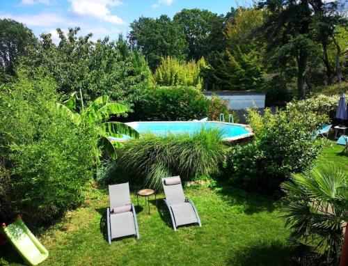 2 chaises et une piscine dans un jardin dans l'établissement L'atelier de Pauline, à Villennes-sur-Seine
