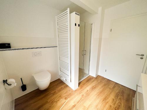 a bathroom with a toilet and a walk in shower at Modern Apartment Wissenbach 2 barrierefrei in Eschenburg