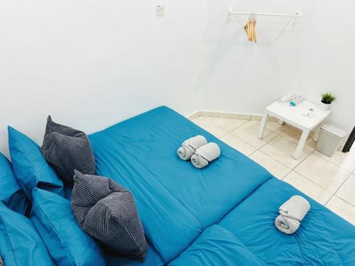 大山脚BM大山脚 Alma Single Storey Semi-D 5-minute To Aeon Mall的客厅配有带枕头的蓝色沙发