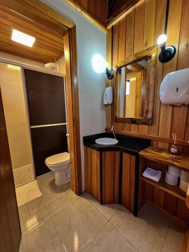 a bathroom with a toilet and a sink and a mirror at Pousada da Z in Urubici