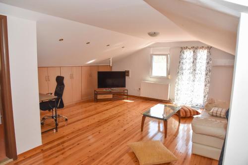 a living room with a couch and a television at Nea Makri Holiday Villa in Nea Makri