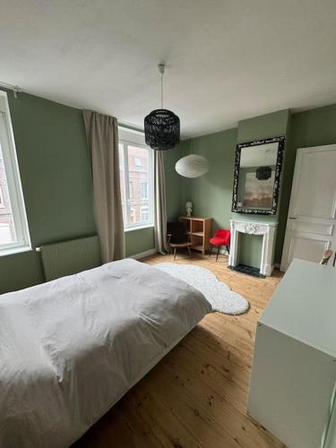 - une chambre verte avec un lit et un miroir dans l'établissement Maison rénovée 7P Proche de Lille, à Tourcoing