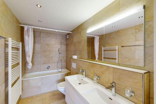 苏黎世Fantastic Penthouse near Lake - Mainau 14的浴室里有洗手池、马桶和镜子。