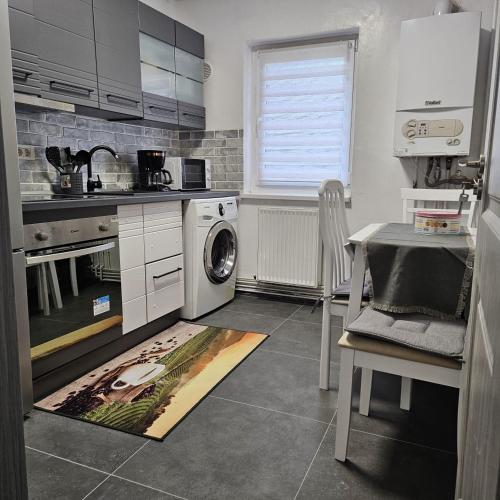 a kitchen with a washing machine and a table at Garsoniera Delia in Braşov