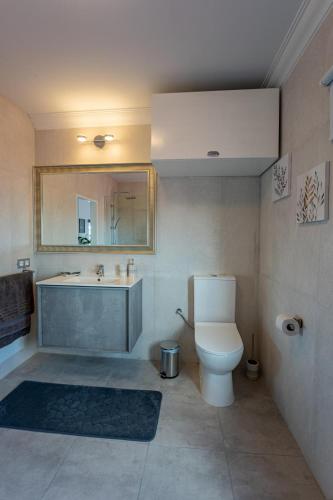 a bathroom with a toilet and a sink and a mirror at Casona de Tao in Tiagua