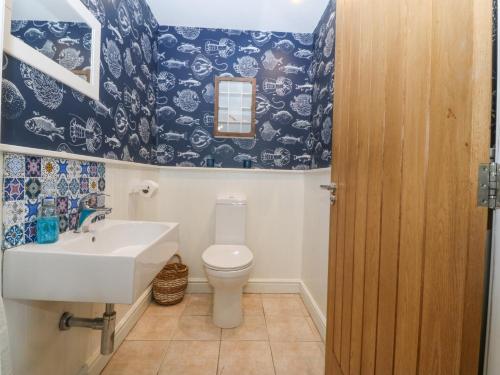 a bathroom with a sink and a toilet at Nant-yr-Rhedyn in Benllech