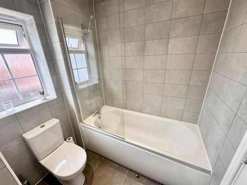 a bathroom with a toilet and a tub and a sink at A luxury detached 4 bed home in Pontnewydd