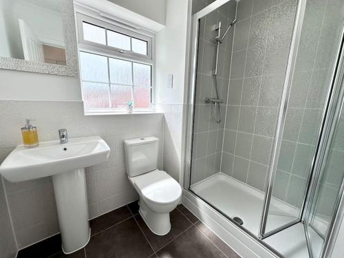 a bathroom with a toilet and a sink and a shower at A luxury detached 4 bed home in Pontnewydd