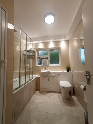 a bathroom with a toilet and a sink and a shower at Oxfords 5 Star Lux 2 bedroom Flat near JR 5 pax, permit parking in Oxford