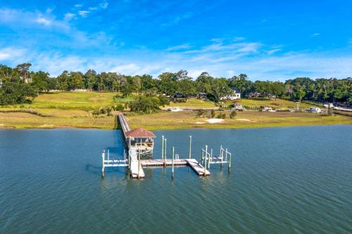 an aerial view of a dock on a lake at Masons View by Sea Scape Properties in Wrightsville Beach