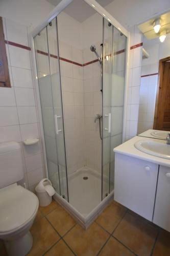 une salle de bain avec une douche avec des toilettes et un lavabo dans l'établissement Les Chalets Des Praz - Chalet LES PRAZ -10 pers - PLAGNE VILLAGES MAE-9674, à Aime La Plagne