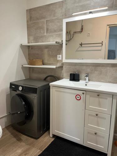 a bathroom with a washing machine and a sink at Escapade marseillaise in Marseille
