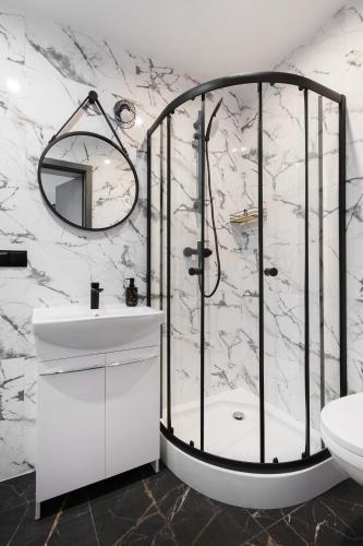 a bathroom with a shower and a white sink at Apartamenty Królówka in Bydgoszcz
