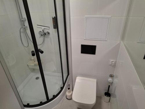 a white bathroom with a shower and a toilet at Mieszkanie obok centrum in Sandomierz