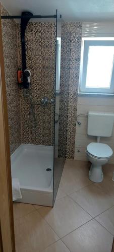a bathroom with a shower with a toilet and a window at Ana Marija in Solin