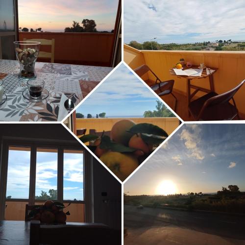a collage of photos with a sunset and a table at Degli Angioini Holiday Home in Caulonia Marina