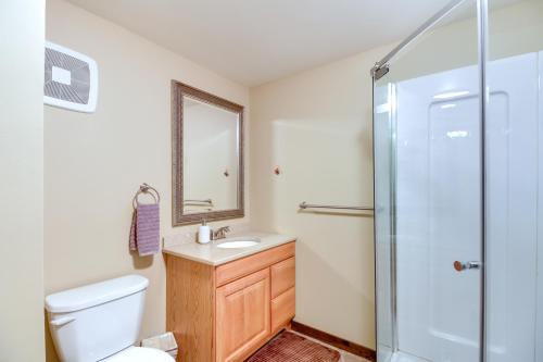 a bathroom with a toilet and a sink and a shower at Beautiful Breezy Point Home with Beach and Dock! in Pequot Lakes