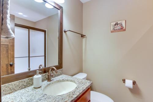 a bathroom with a sink and a mirror at Beautiful Breezy Point Home with Beach and Dock! in Pequot Lakes