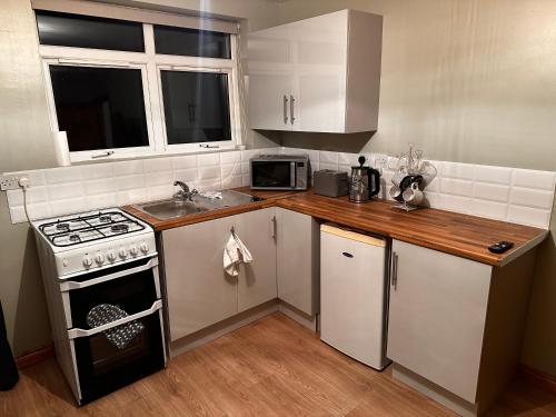 a small kitchen with a stove and a sink at Glenside Farm Apartment in Bryansford